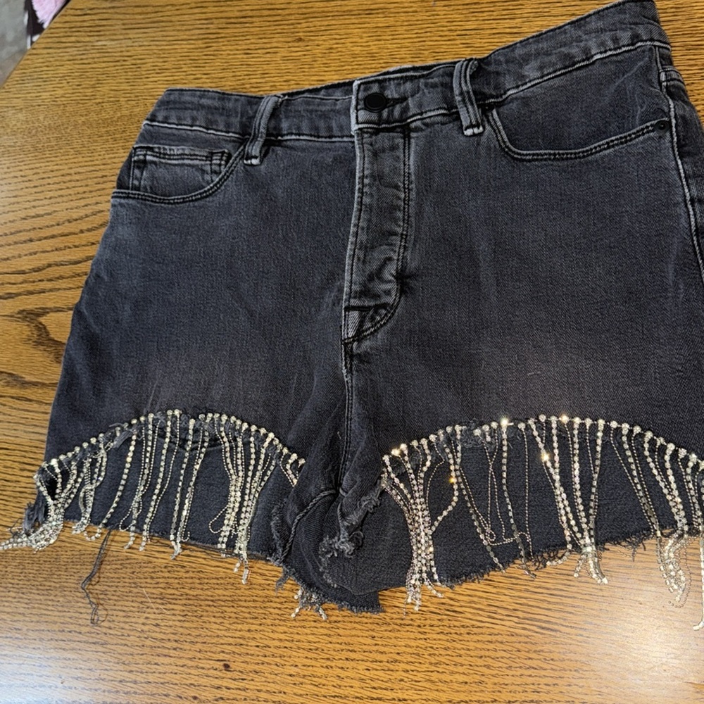 Good American Black Jean Shorts with Silver Fringe